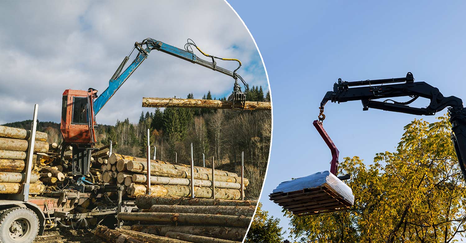 Industri- och timmerkran på lastbil som lyfter material